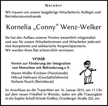 Traueranzeige von Kornelia Wenz-Welker von  Gießener Anzeiger