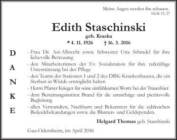 Traueranzeige von Edith Staschinski von  Allgemeine Zeitung Alzey
