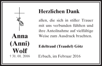 Traueranzeige von Anna Wolf von  Camberger Anzeiger