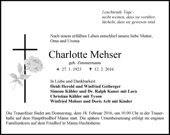Traueranzeige von Charlotte Mehser von  Allgemeine Zeitung Mainz