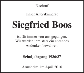 Traueranzeige von Siegfried Boos von  Allgemeine Zeitung Alzey