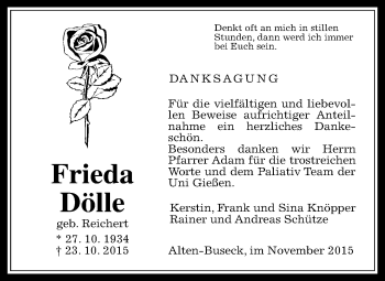 Traueranzeige von Frieda Dölle von  Gießener Anzeiger