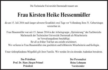 Traueranzeige von Kirsten Heike Hessenmüller von Trauerportal Echo Online