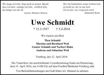Traueranzeige von Uwe Schmidt von  Gießener Anzeiger