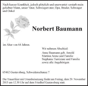 Traueranzeige von Norbert Baumann von  Allgemeine Zeitung Mainz
