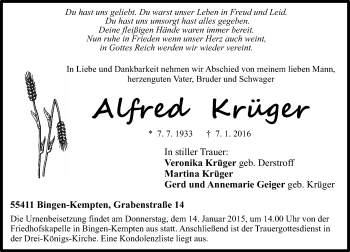 Traueranzeige von Alfred Krüger von  Allgemeine  Zeitung Ingelheim-Bingen