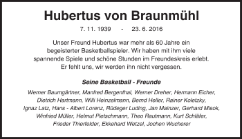 Traueranzeige von Hubertus von Braunmühl von Trauerportal Rhein Main Presse