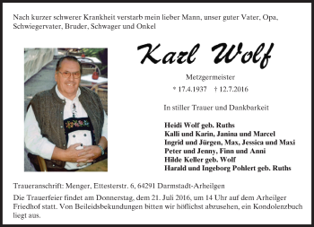 Traueranzeige von Karl Wolf von Trauerportal Echo Online