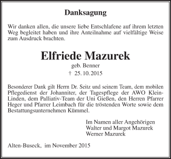 Traueranzeige von Elfriede Mazurek von  Gießener Anzeiger