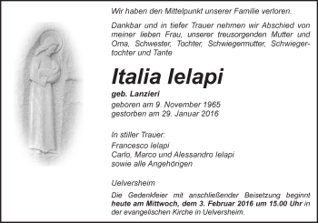 Traueranzeige von Italia Ielapi von  Landskrone