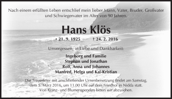 Traueranzeige von Hans Klös von  Kreisanzeiger