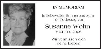 Traueranzeige von Susanne Wohn von  Allgemeine Zeitung Mainz