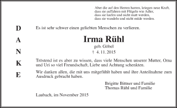 Traueranzeige von Irma Rühl von  Gießener Anzeiger