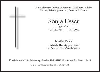 Traueranzeige von Sonja Esser von Trauerportal Rhein Main Presse