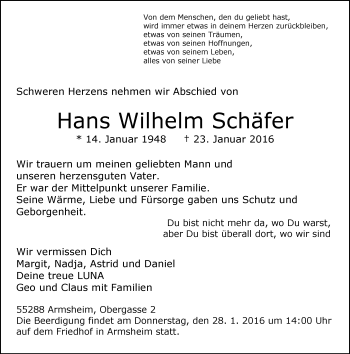 Traueranzeige von Hans Wilhelm Schäfer von  Allgemeine Zeitung Alzey