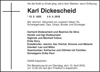 Traueranzeige von Karl Dickescheid von  Allgemeine  Zeitung Ingelheim-Bingen