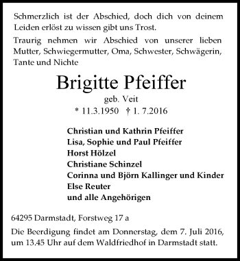 Traueranzeige von Brigitte Pfeiffer von Trauerportal Echo Online