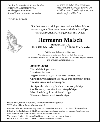 Traueranzeige von Hermann Malsch von  Allgemeine Zeitung Mainz