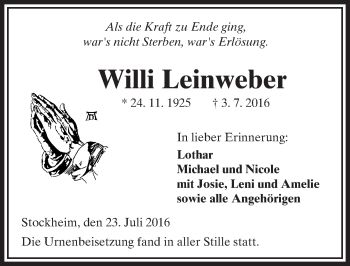 Traueranzeige von Willi Leinweber von  Kreisanzeiger