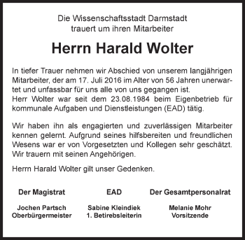 Traueranzeige von Harald Wolter von Trauerportal Echo Online