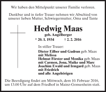 Traueranzeige von Hedwig Maas von  Allgemeine Zeitung Mainz
