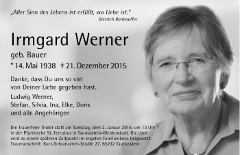 Traueranzeige von Irmgard Werner von  WK-UTA/Aar-Bote