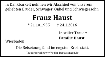 Traueranzeige von Franz Haust von  Wiesbaden komplett