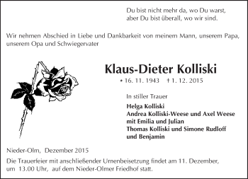 Traueranzeige von Klaus-Dieter Kolliski von  Allgemeine Zeitung Mainz