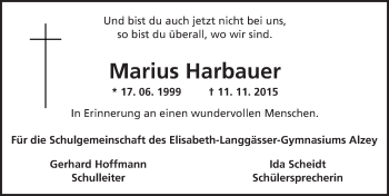 Traueranzeige von Marius Harbauer von  Allgemeine Zeitung Alzey