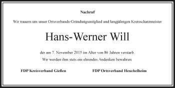 Traueranzeige von Hans-Werner Will von  Gießener Anzeiger