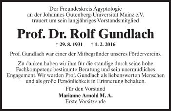Traueranzeige von Rolf Gundlach von  Allgemeine Zeitung Mainz