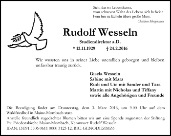 Traueranzeige von Rudolf Wesseln von  Allgemeine Zeitung Mainz