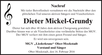 Traueranzeige von Dieter Mickel-Grundy von  Kreisanzeiger