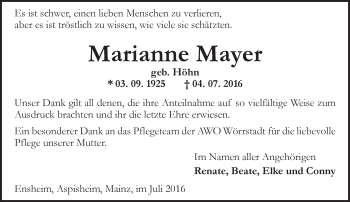 Traueranzeige von Marianne Mayer von Trauerportal Rhein Main Presse