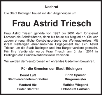 Traueranzeige von Astrid Triesch von  Kreisanzeiger