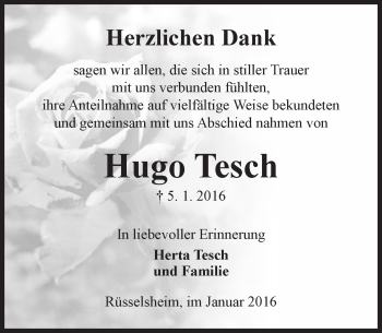 Traueranzeige von Hugo Tesch von  Mainspitze Traueranzeige von Hugo Tesch von  Mainspitze