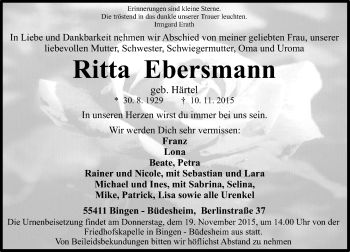Traueranzeige von Ritta Ebersmann von  Allgemeine  Zeitung Ingelheim-Bingen