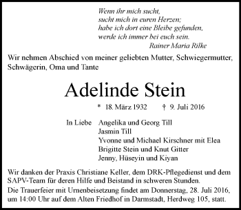 Traueranzeige von Adelinde Stein von Trauerportal Echo Online