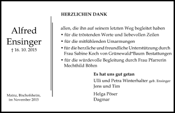 Traueranzeige von Alfred Ensinger von  Mainspitze