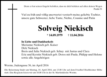 Traueranzeige von Solveig Niekisch von  Wormser Zeitung