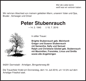 Traueranzeige von Peter Stubenrauch von Trauerportal Echo Online