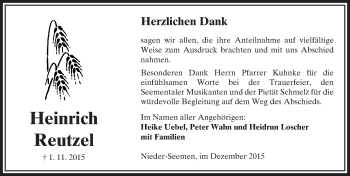 Traueranzeige von Heinrich Reutzel von  Sonntags Anzeiger