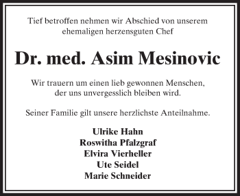 Traueranzeige von Asim Mesinovic von VRM Trauer