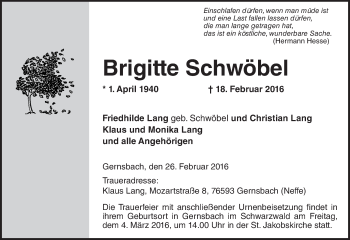 Traueranzeige von Brigitte Schwöbel von  Wiesbaden komplett