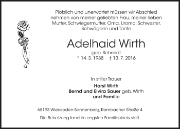 Traueranzeige von Adelhaid Wirth von Trauerportal Rhein Main Presse