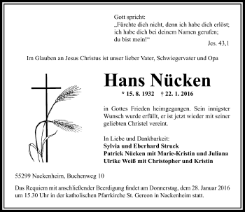 Traueranzeige von Hans Nücken von  Allgemeine Zeitung Mainz
