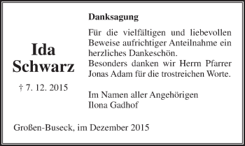 Traueranzeige von Ida Schwarz von  Gießener Anzeiger