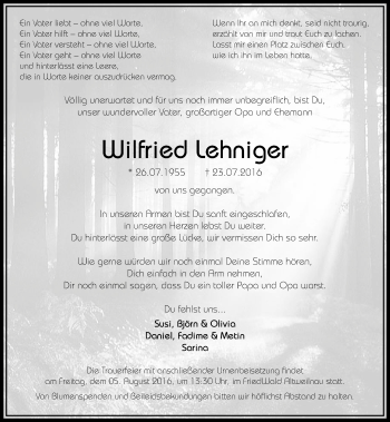 Traueranzeige von Wilfried Lehniger von  Usinger Anzeiger