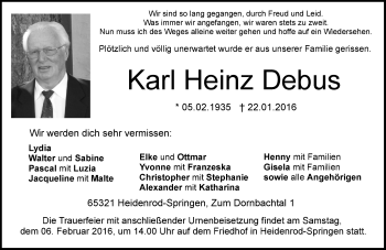 Traueranzeige von Karl Heinz Debus von  WK-UTA/Aar-Bote