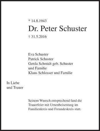 Traueranzeige von Peter Schuster von Trauerportal Rhein Main Presse